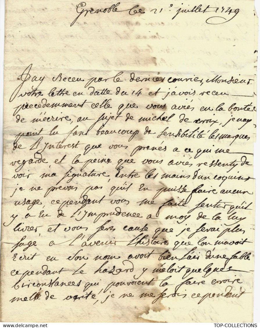 1749 SUPERBE LETTRE Sign.Mme Grammont Sayve Grenoble Pour Roux Négociant Marseille NOBLESSE BANQUE FINANCE CONTENTIEUX - Historical Documents