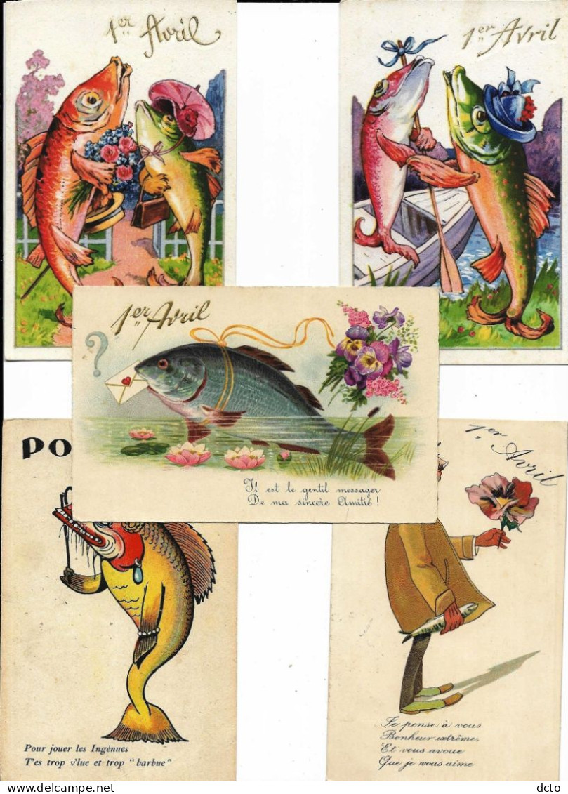 5 Cpa1er Avril, Originales. M Mme (chapeautée), Gentil Messager, 2 Comiques Je Pense à Vous... Jouer Les Ingénues... - 1er Avril - Poisson D'avril