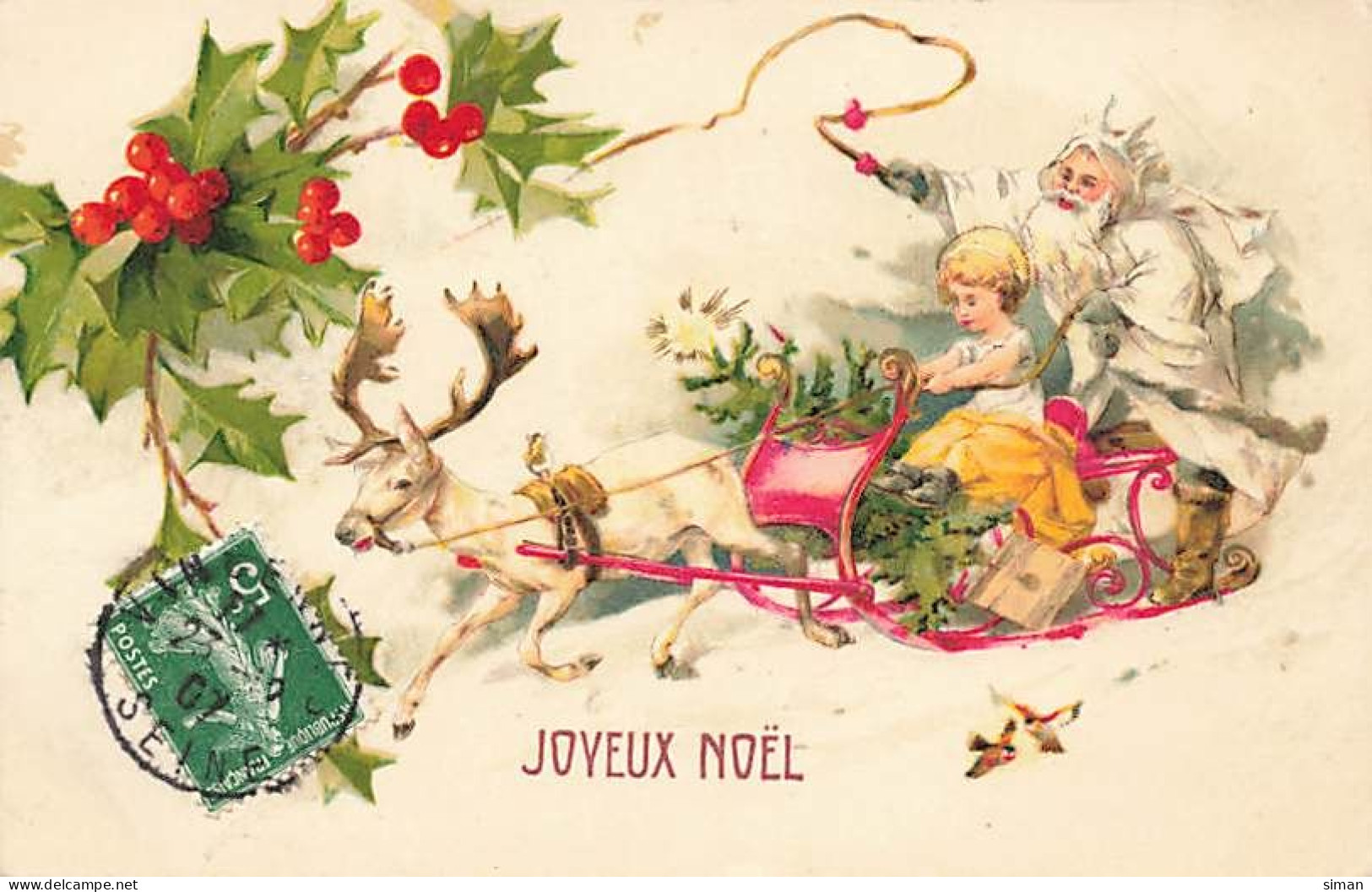 N°25036 - Carte Fantaisie - Joyeux Noël - Père Noël Et Enfant Dans Un Traineau Tiré Par Un Renne - Other & Unclassified
