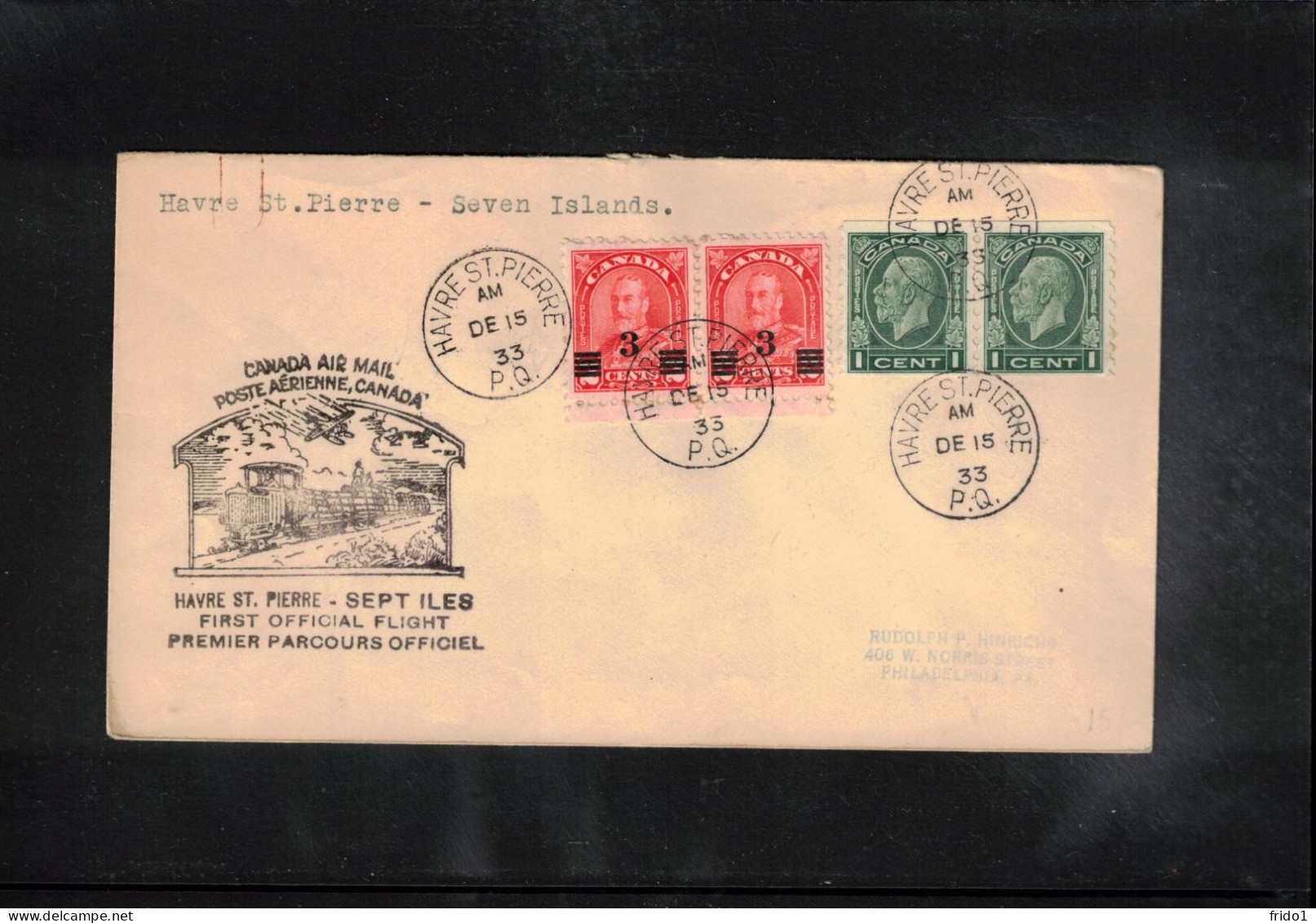 Canada 1933 Canada Air Mail - First Official Flight Havre St.Pierre - Seven Islands - Primeros Vuelos