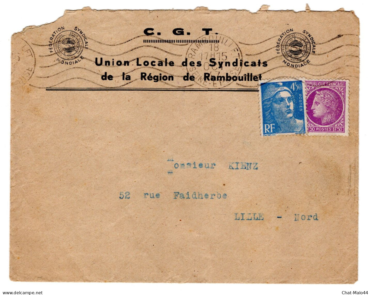 Rambouillet. Enveloppe à En-tête De La C. G. T., Sans Correspondance, Datée De 1947 - Other & Unclassified