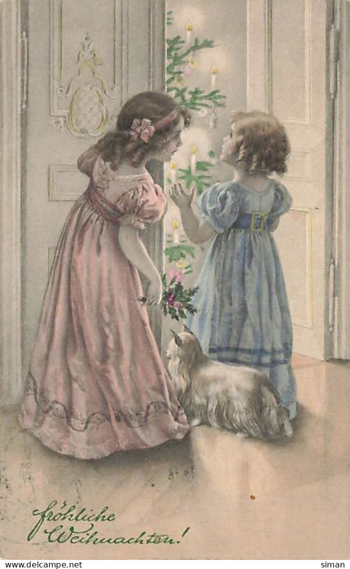 N°25037 - Carte Fantaisie - Fröhliche Weihnachten - MM Vienne N°327 - Fillettes Et Chien Devant Un Sapin - Autres & Non Classés