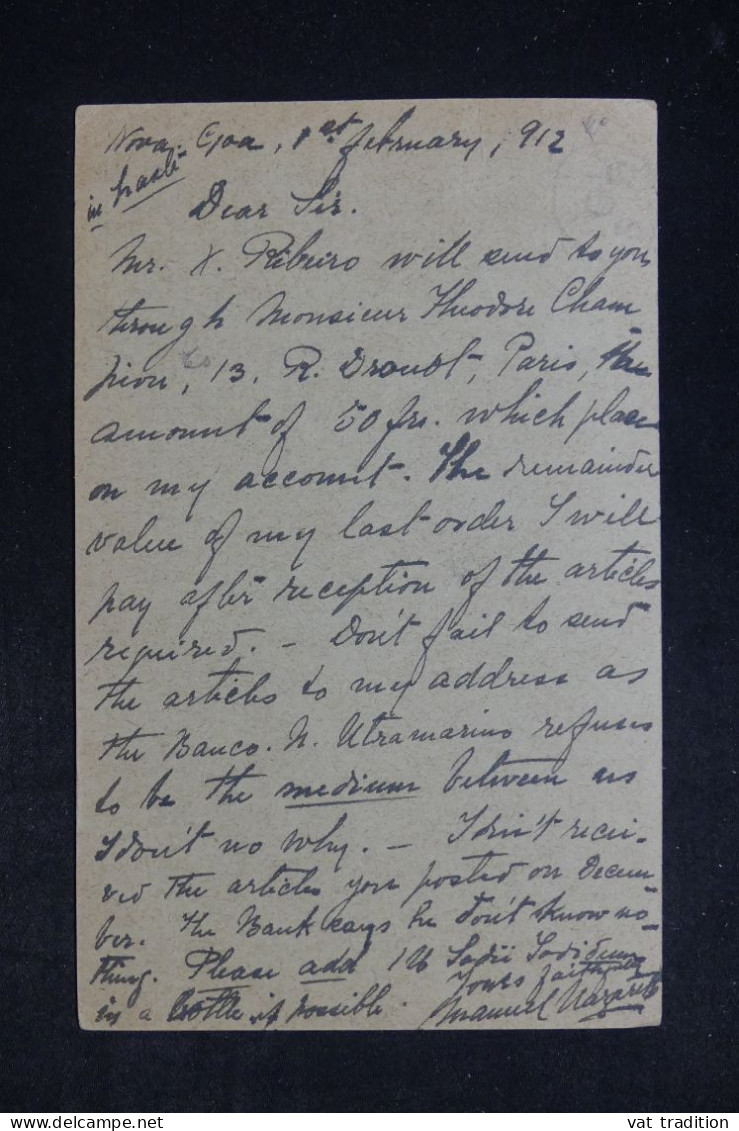 INDE PORTUGAISE -  Carte De Correspondance Pour La Suisse En 1912, Affranchissement Avec Demi Timbre  - L 152448 - Inde Portugaise