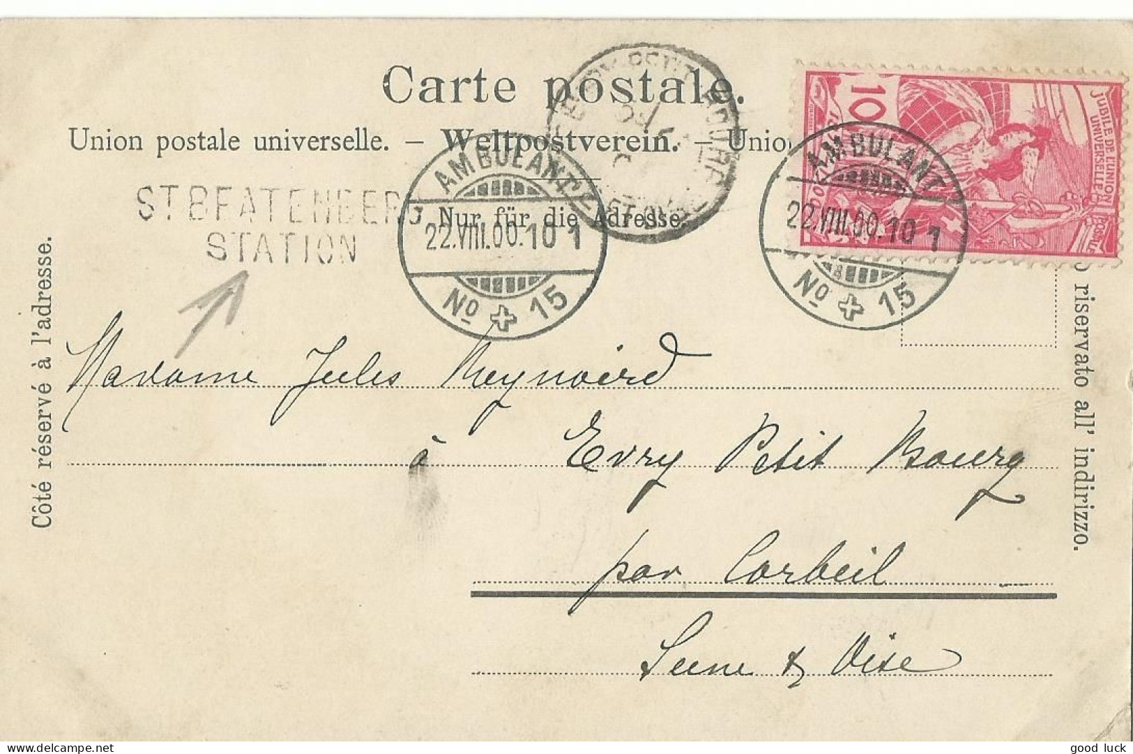 SUISSE CARTE 10c MARQUE LINEAIRE ST BEATENEERS STATION  + AMBULANT N°15  POUR EVRY SEINE ET OISE )  DE 1900 LETTRE COVER - Lettres & Documents