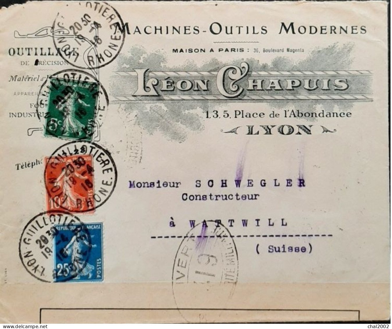 Enveloppe De Lyon Pour La Suisse Controlé Militaire 419 - Oorlog 1914-18