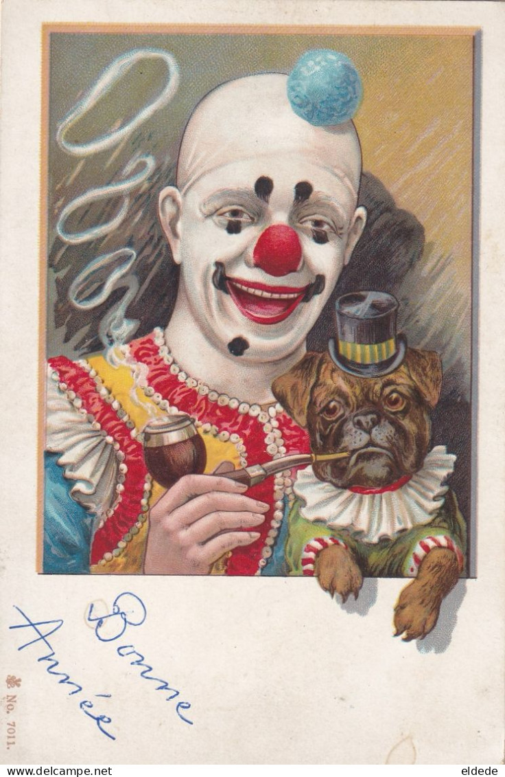 Art Card Color White Clown With Bulldog Smoking Pipe  . Bouledogue Clown Blanc - Cirque