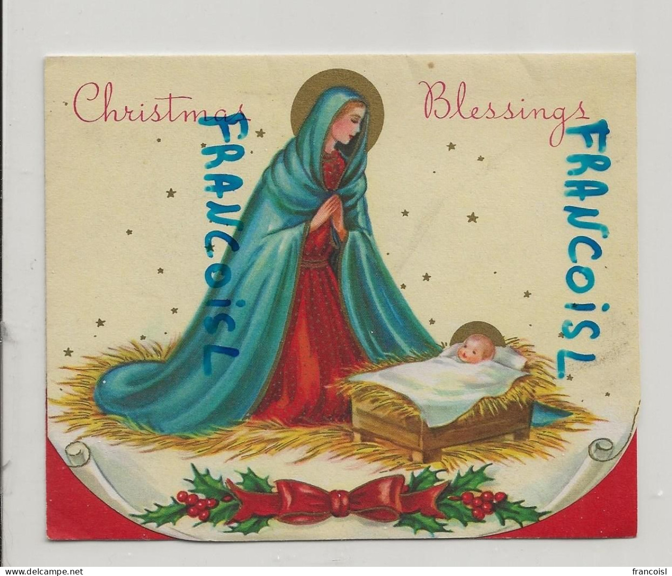 Christmas Blessings. Vierge Et Enfant, Houx Ruban Sur Parchemin. - Altri & Non Classificati