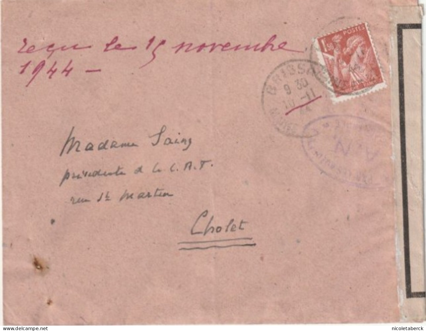 Iris, N°652 Sur Lettre Avec Bande De Contrôle (verso) De Brissac Pour Cholet. - 1939-44 Iris