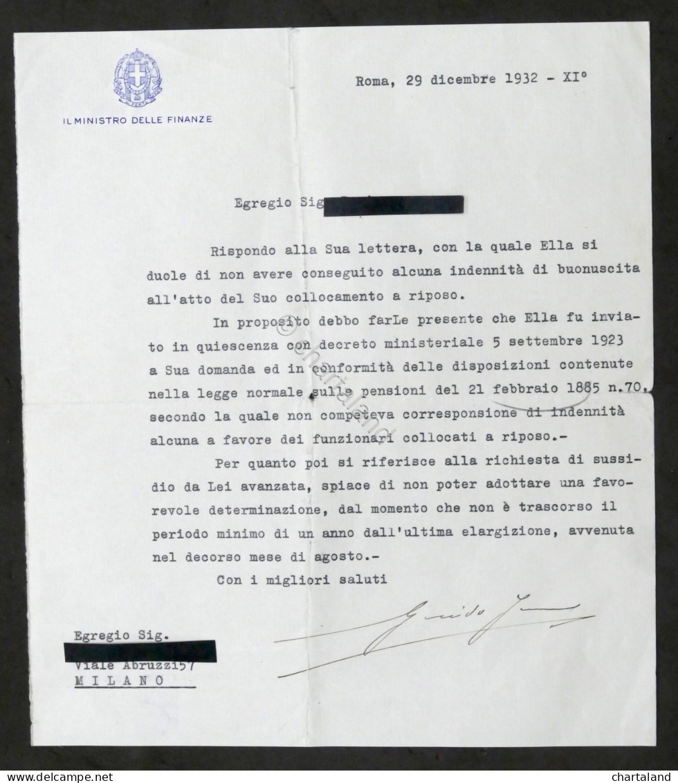 Lettera Con Autografo Del Ministro Delle Finanze Guido Jung - 1932 - Sonstige & Ohne Zuordnung