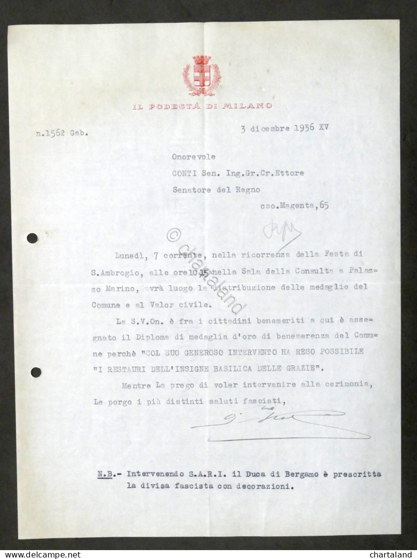 Lettera Con Autografo Del Podestà Di Milano Guido Pesenti - 1936 - Altri & Non Classificati