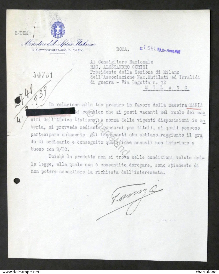 Lettera Con Autografo Del Ministro Dell'Africa Italiana Attilio Teruzzi - 1939 - Autres & Non Classés