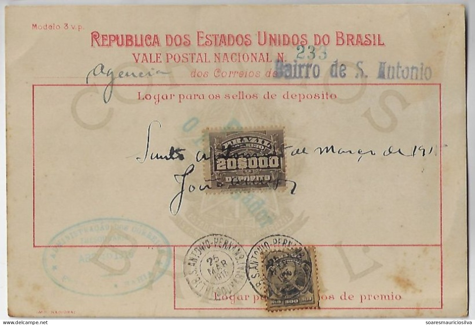 Brazil 1915 Money Order From Saint Anthony District Recife To Bahia Vale Postal Stamp 20$000 Floriano Peixoto 300 Réis - Cartas & Documentos