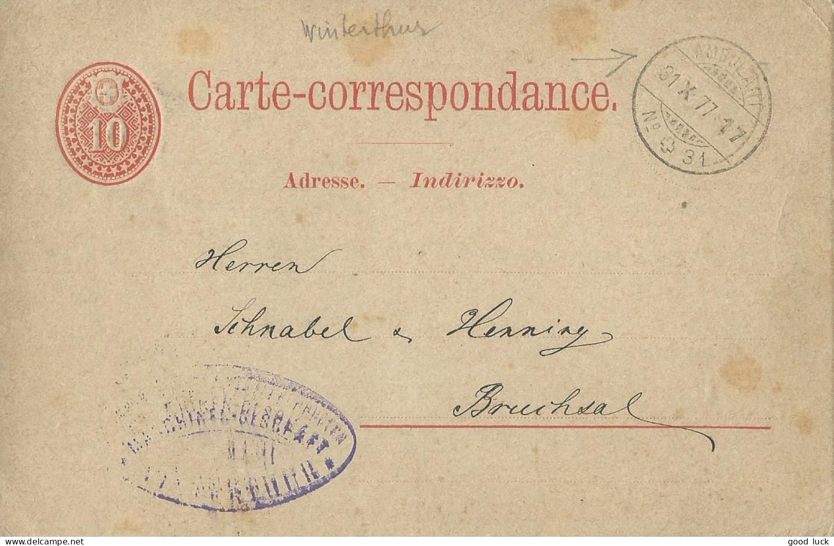 SUISSE CARTE 10c  AMBULANT N°31 WHINTERTHUR DE 1877 LETTRE COVER - Brieven En Documenten