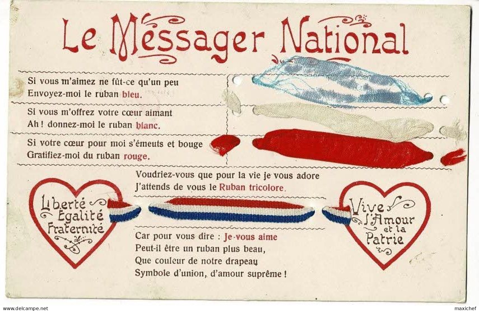 Le Messager National, Rubans Bleu, Blanc, Rouge Et Tricolore Courrier Du Coeur, Circ, Cachet Convoyeur Hirson à Maubeuge - Patrióticos
