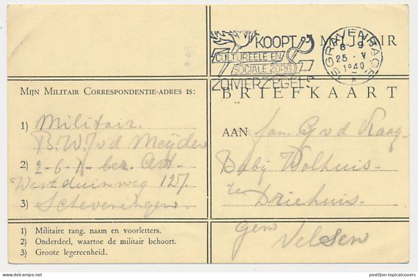Militaire Dienstbriefkaart Scheveningen - Driehuis Velsen 1940 - Na Capitulatie - Brieven En Documenten