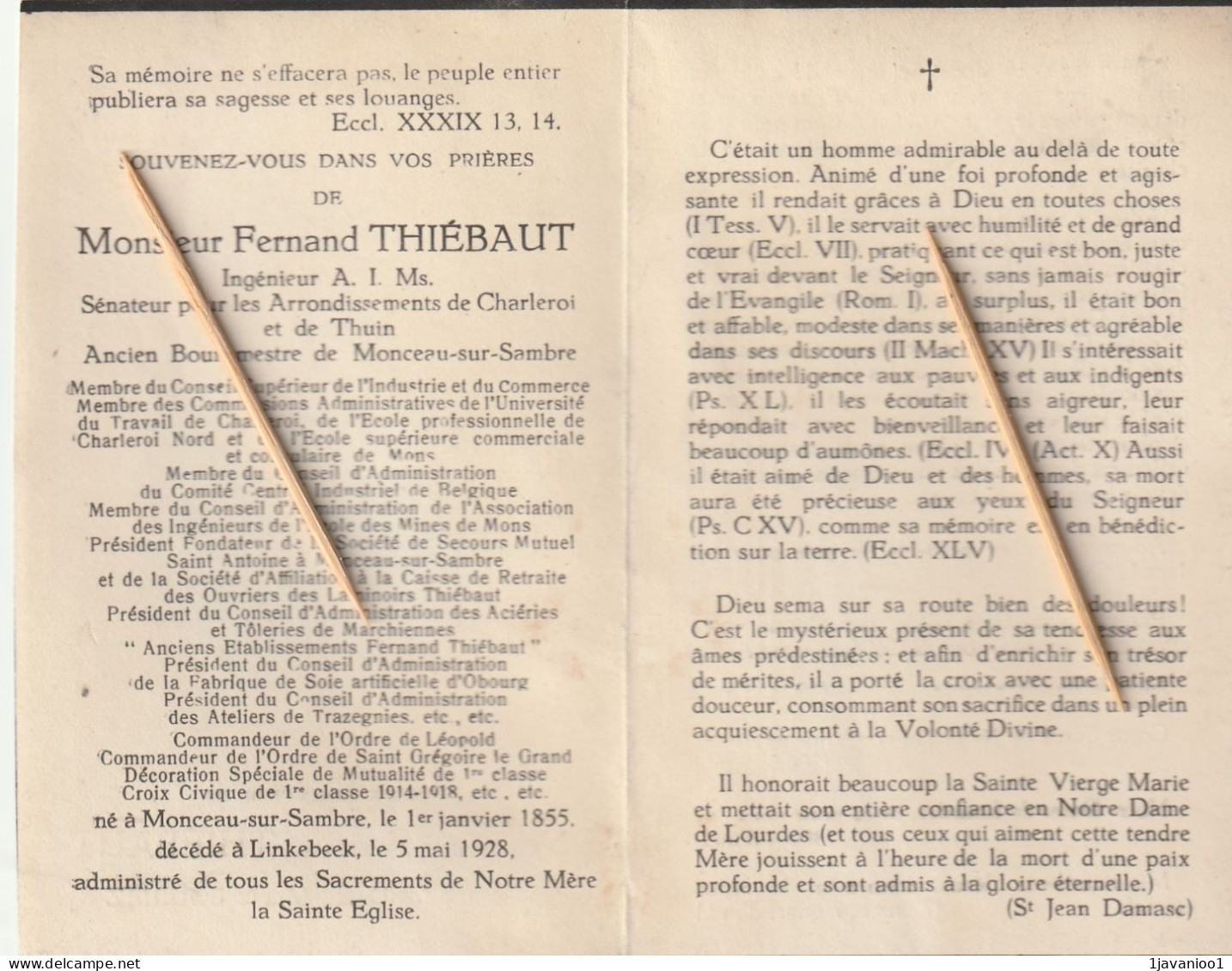 Fernand Thiébaut épx Bouriez Sénateur Charleroi Thuin Ancien Bourgmestre De Monceau-sur-Sambre 1855 Linkebeek 1928 - Devotieprenten