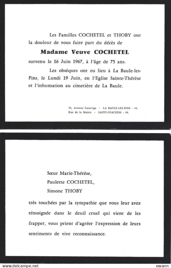 Cartes De Condoléances - Cochetel, Thoby - 1967 - La Baule, St-Joachim (44) - Cartes De Visite