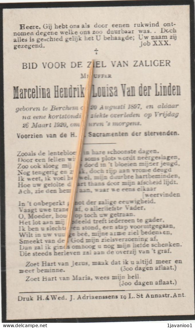 Berchem, 1920, Marcelina Van Der Linden, - Images Religieuses