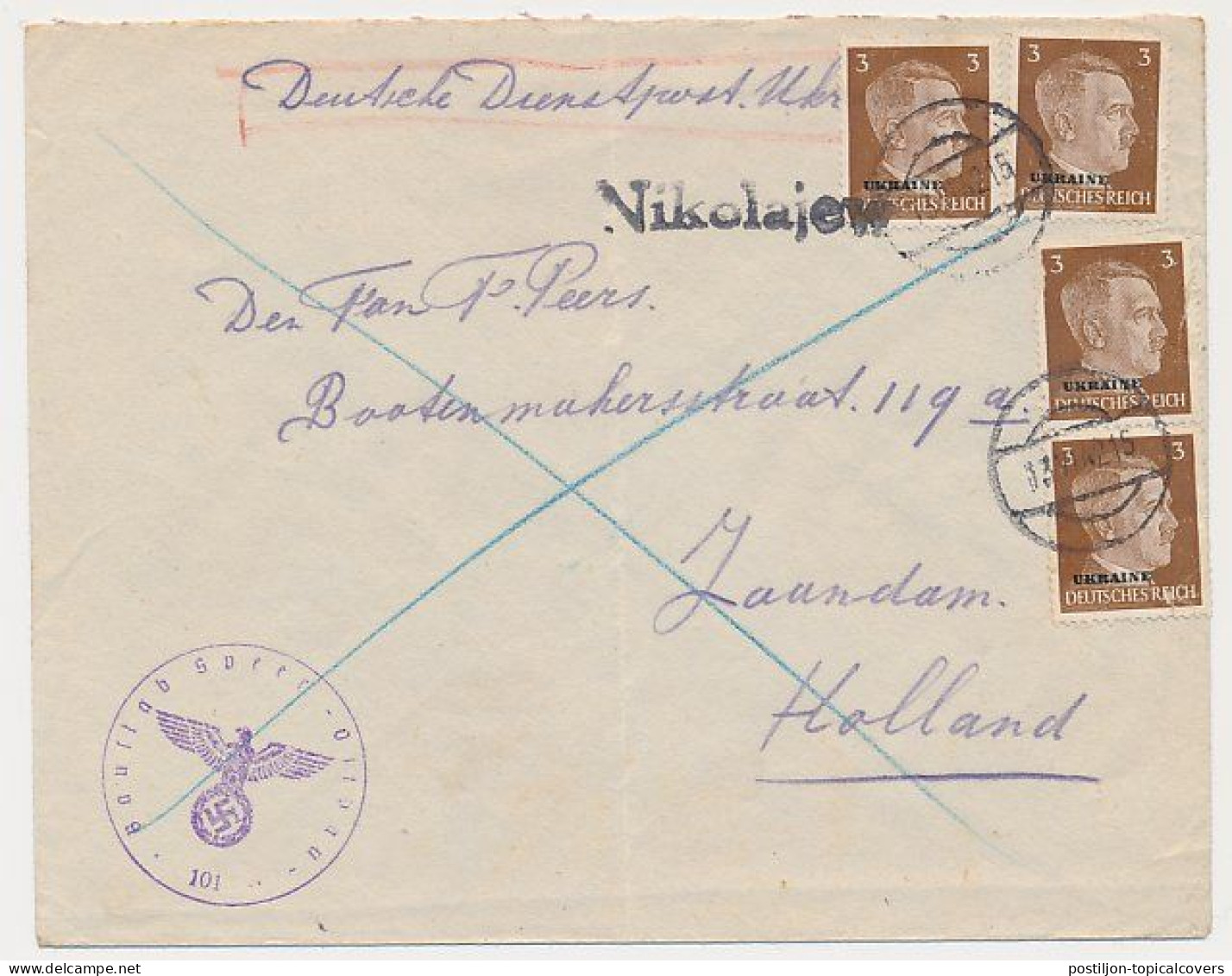 Baustab Speer Ostbau Nikolajew Deutsche Dienstpost Ukraine - Zaandam 1942 - WOII - Nederlander In Duitse Dienst - Brieven En Documenten