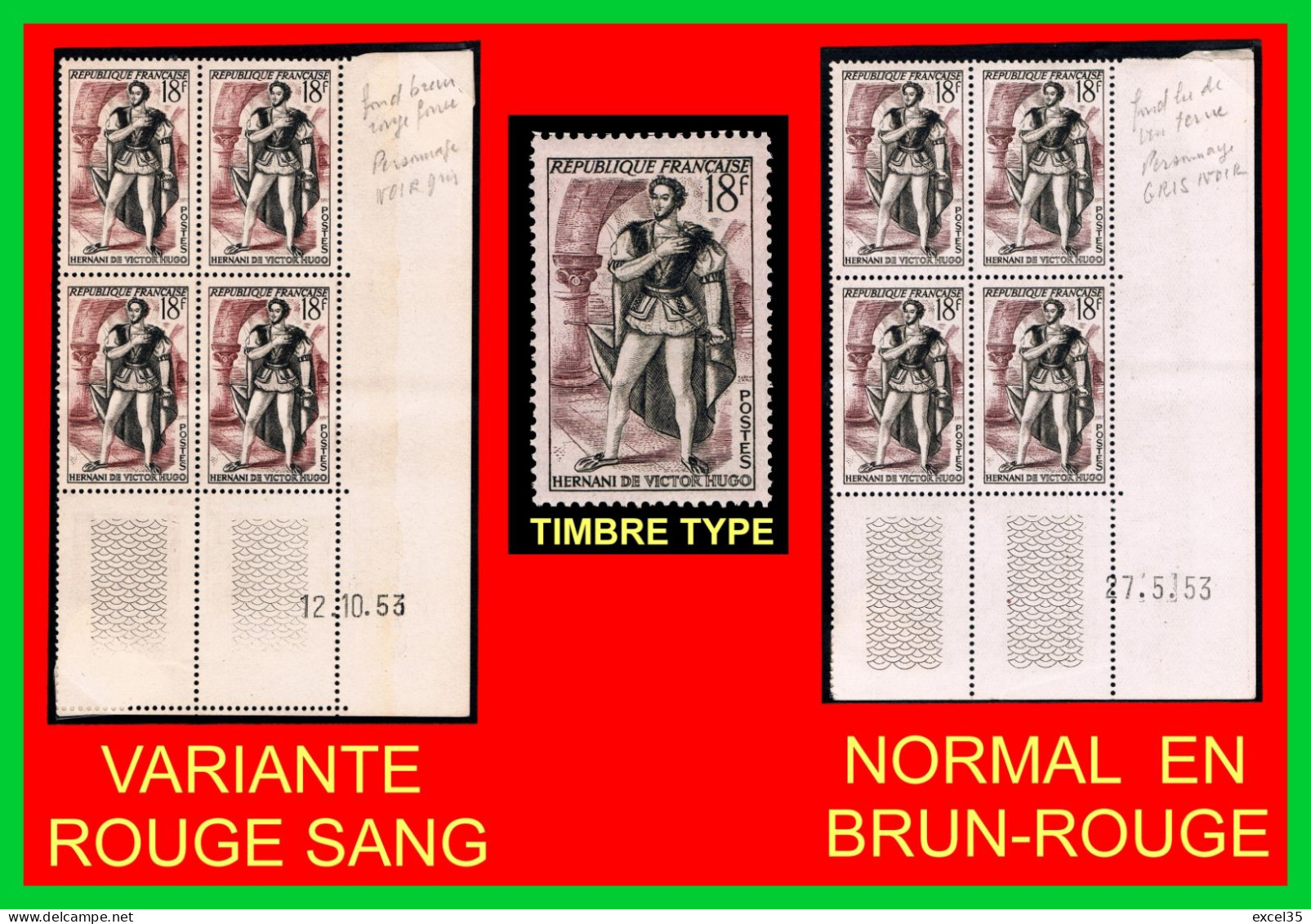 YVERT 944 N** VARIETE TEINTE COIN DATE ROUGE 12.10.53 & BRUN-ROUGE 27.5.53 - VARCURIO SANSURPRISE - 1950-1959