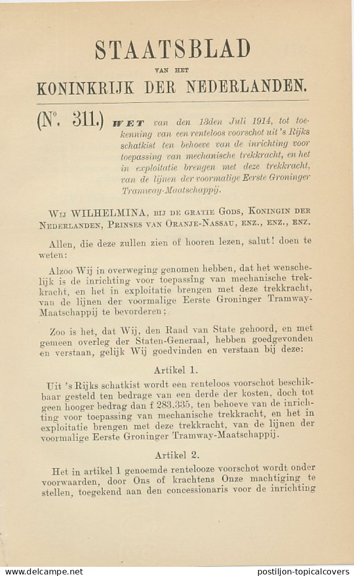 Staatsblad 1914 : Eerste Groninger Tramway Maatschappij - Documents Historiques