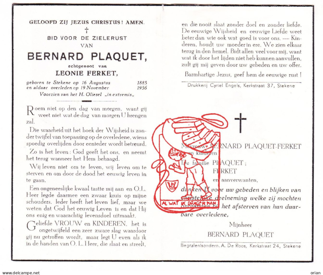 DP Bernard Plaquet ° Stekene 1885 † 1956 X Leonie Ferket - Devotion Images