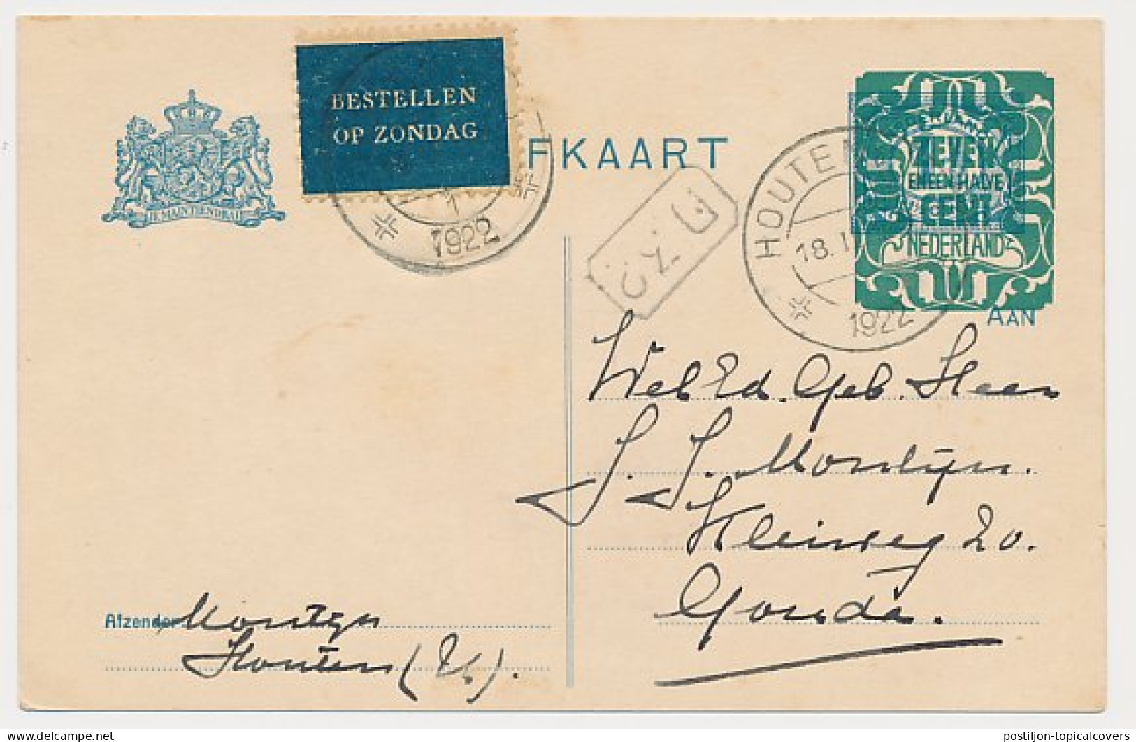 Bestellen Op Zondag - Houten - Gouda 1922 - Cartas & Documentos