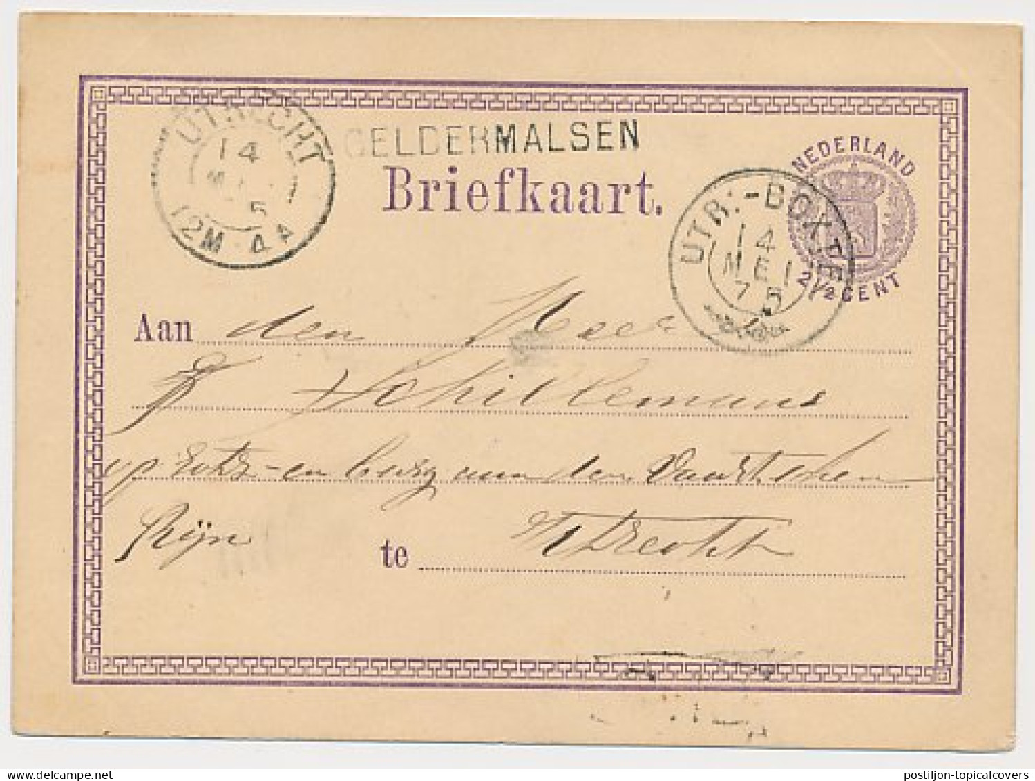 Geldermalsen - Trein Takjestempel Utrecht - Boxtel 1875 - Lettres & Documents