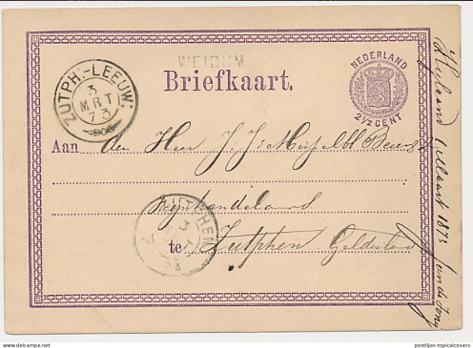 Weidum - Trein Takjestempel Zutphen - Leeuwarden 1873 - Cartas & Documentos