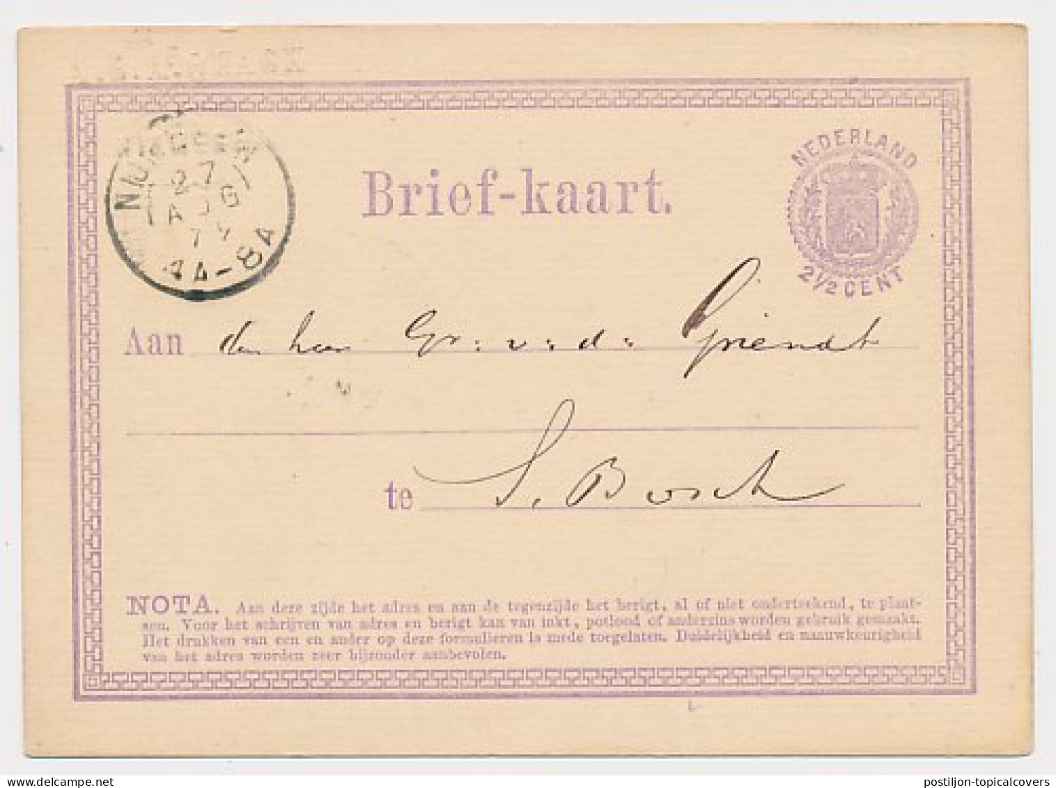 Briefkaart G. 1 Firma Blinddruk Nijmegen 1872 - Ganzsachen