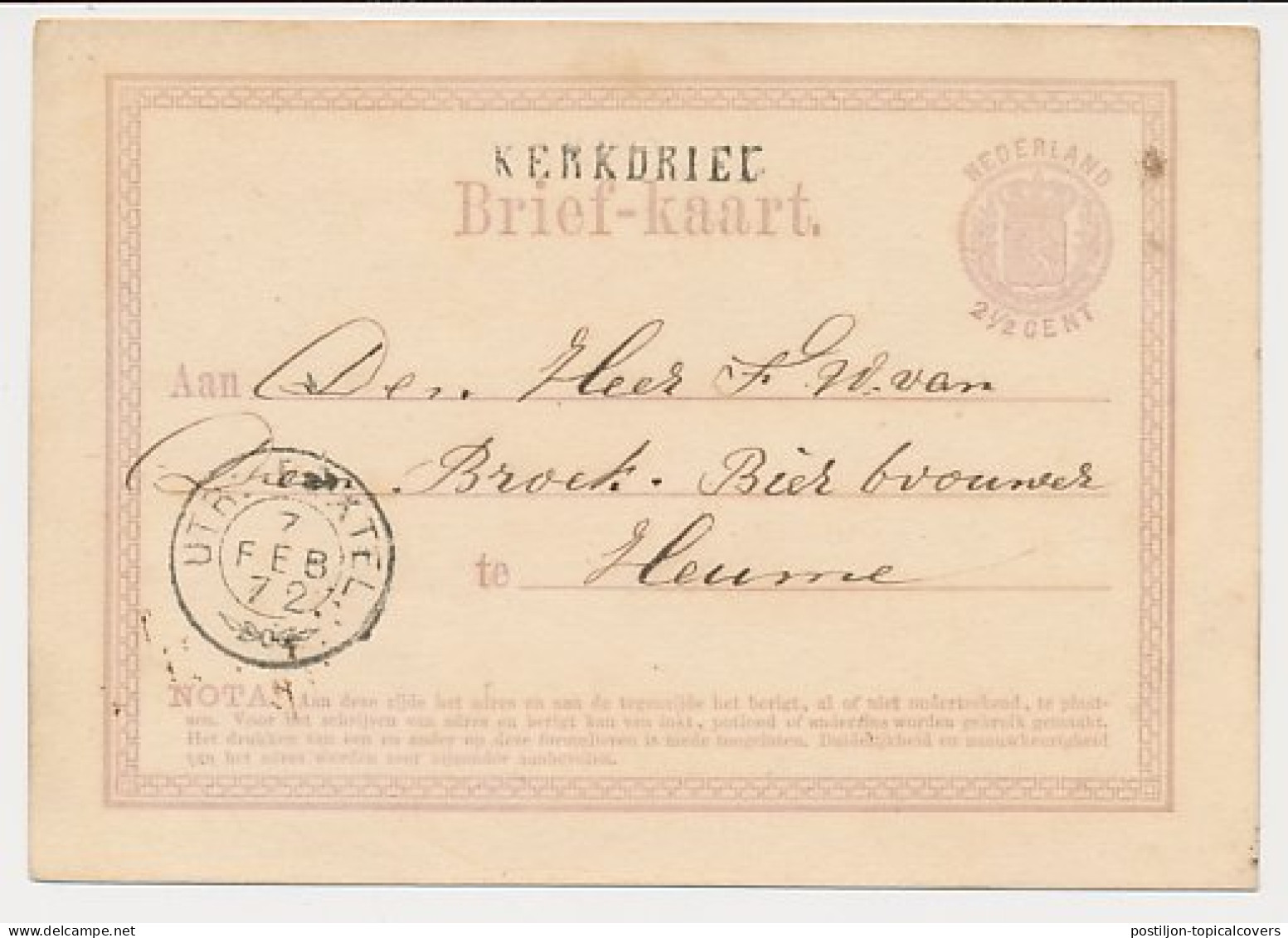 Kerkdriel - Trein Takjestempel Utrecht - Boxtel 1872 - Cartas & Documentos