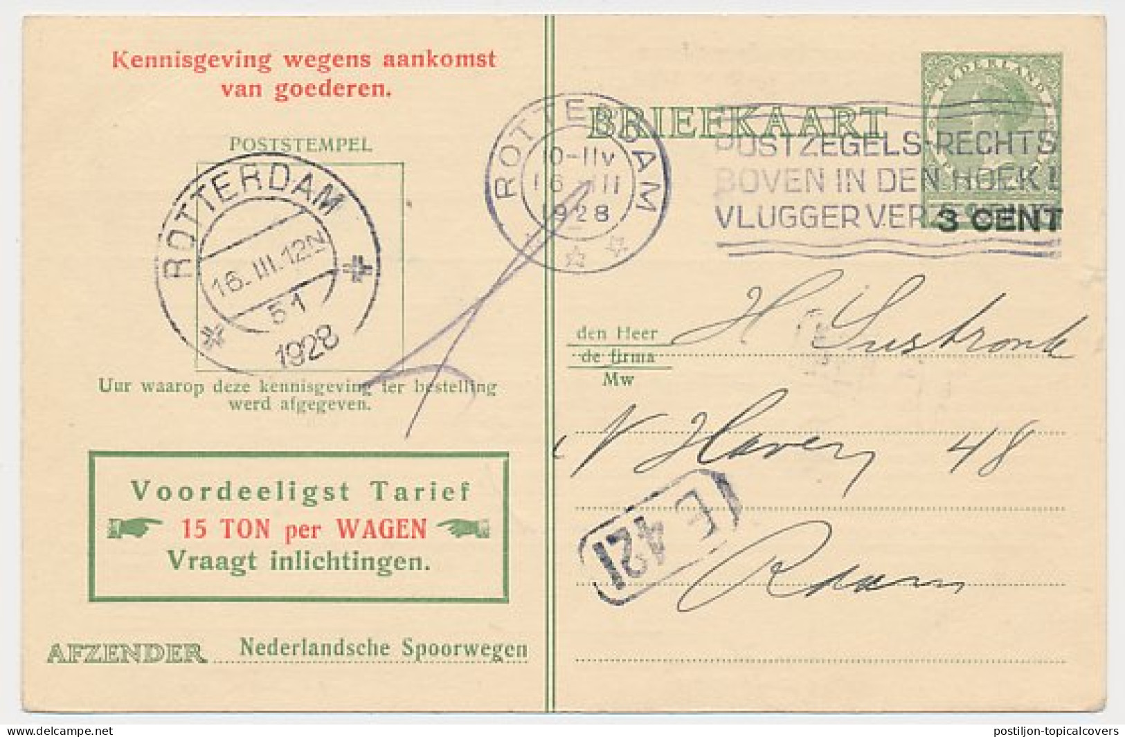 Spoorwegbriefkaart G. PNS216 E - Locaal Te Rotterdam 1928 - Ganzsachen