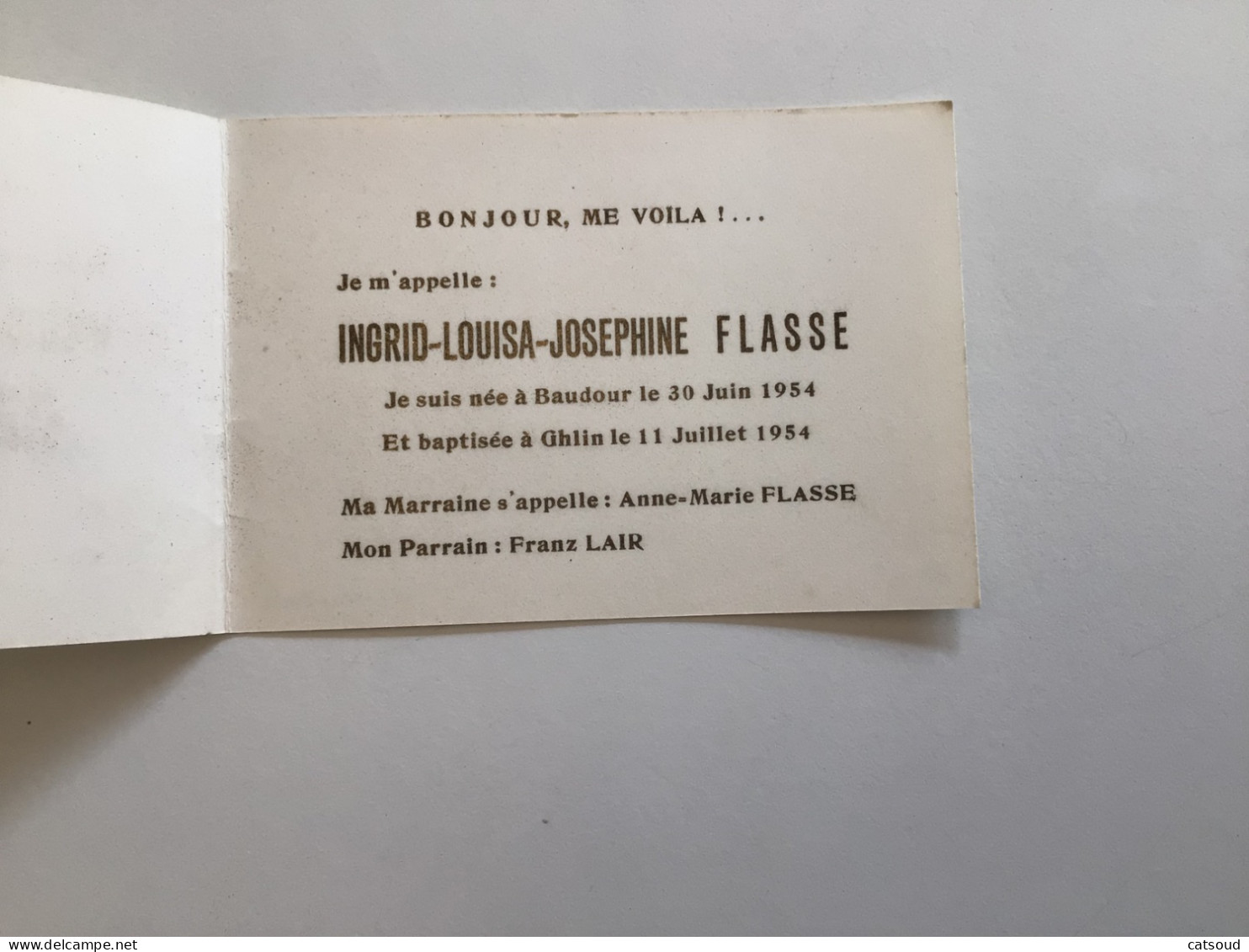 Ancien Faire-part De Naissance Baudour,le 30 Juin 1954 Ingrid, Louisa, Joséphine FLASSE - Geburt & Taufe