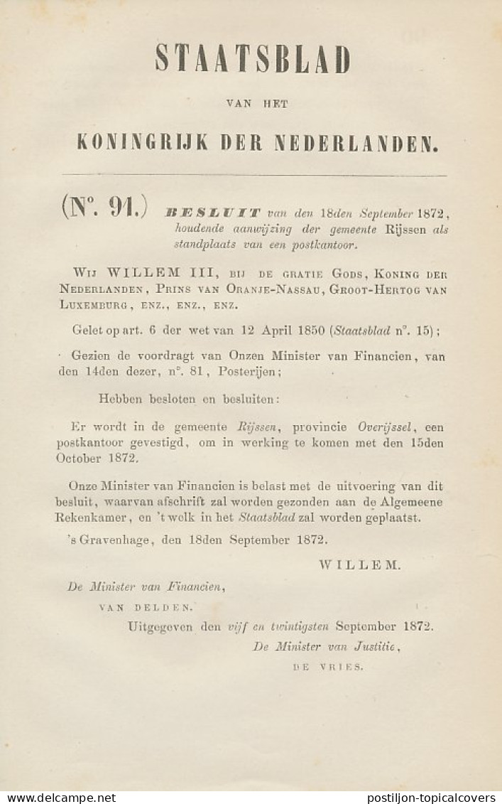 Staatsblad 1872 - Betreffende Postkantoor Rijssen - Brieven En Documenten