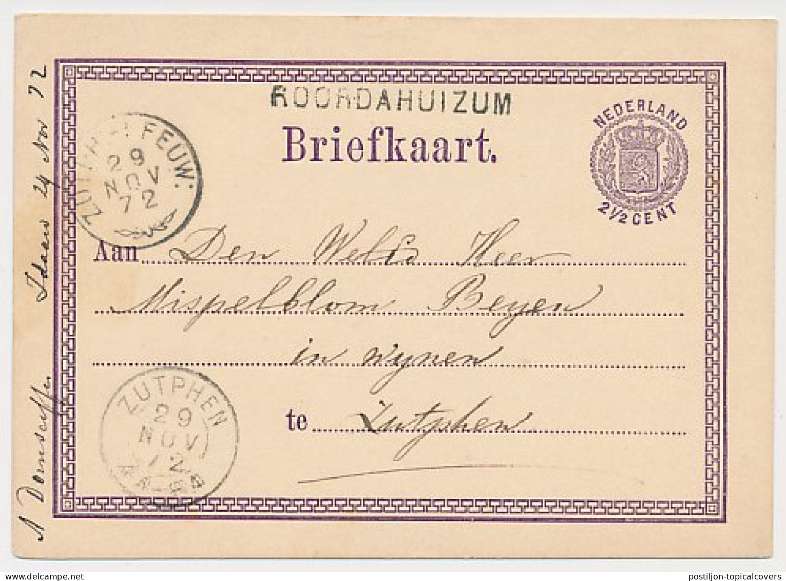 Roordahuizum - Trein Takjestempel Zutphen - Leeuwarden 1872 - Storia Postale