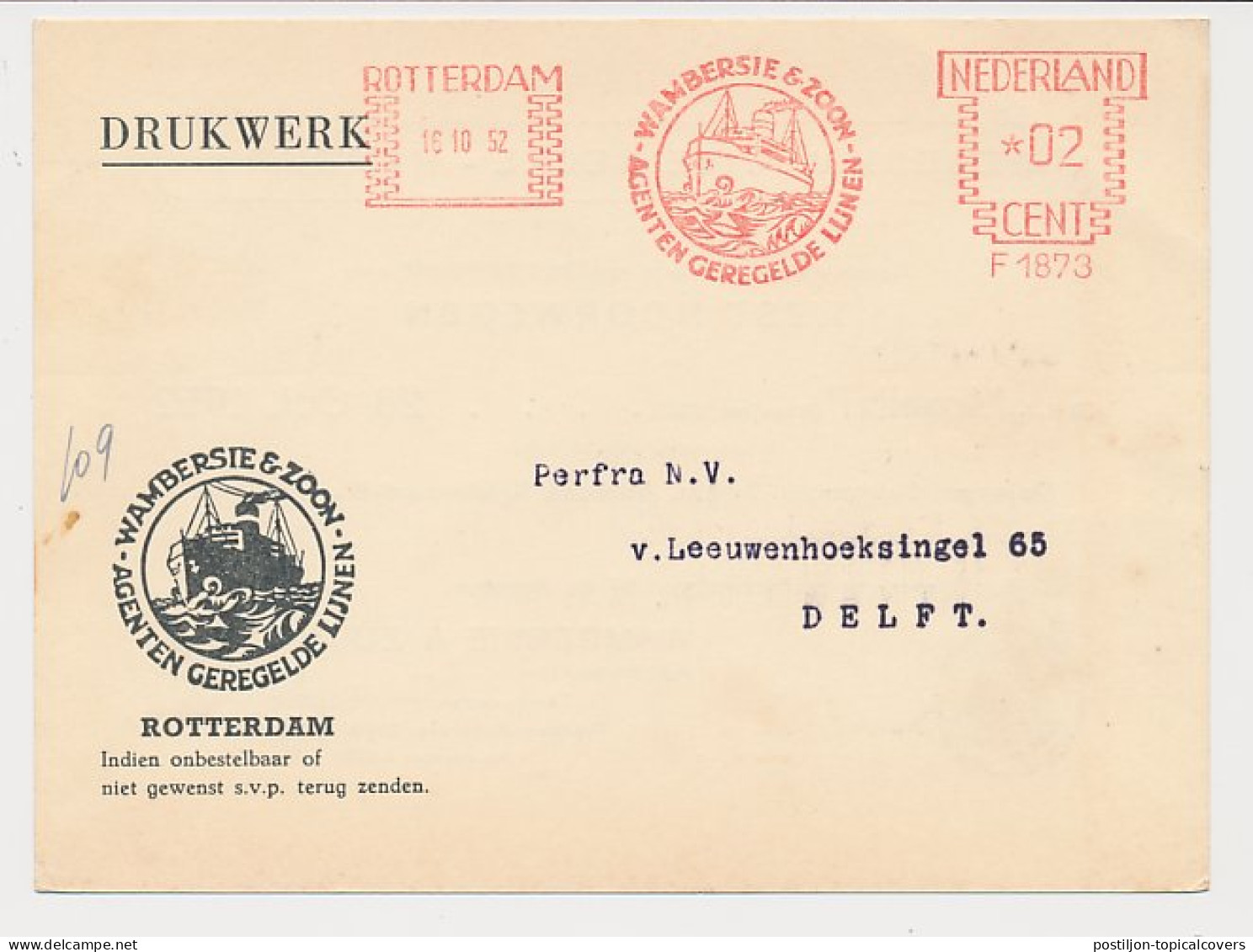 Meter Card Netherlands 1952 Shipping Company Wambersie - Sailing List Rotterdam - Norway - Schiffe