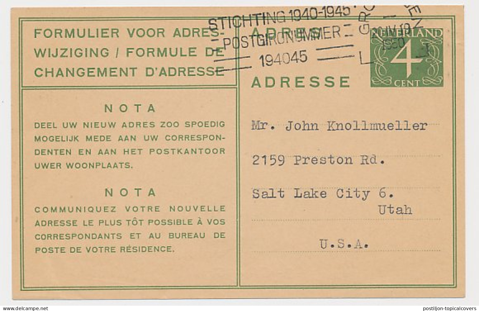 Verhuiskaart G. 20 Groningen - USA 1950 - Postal Stationery