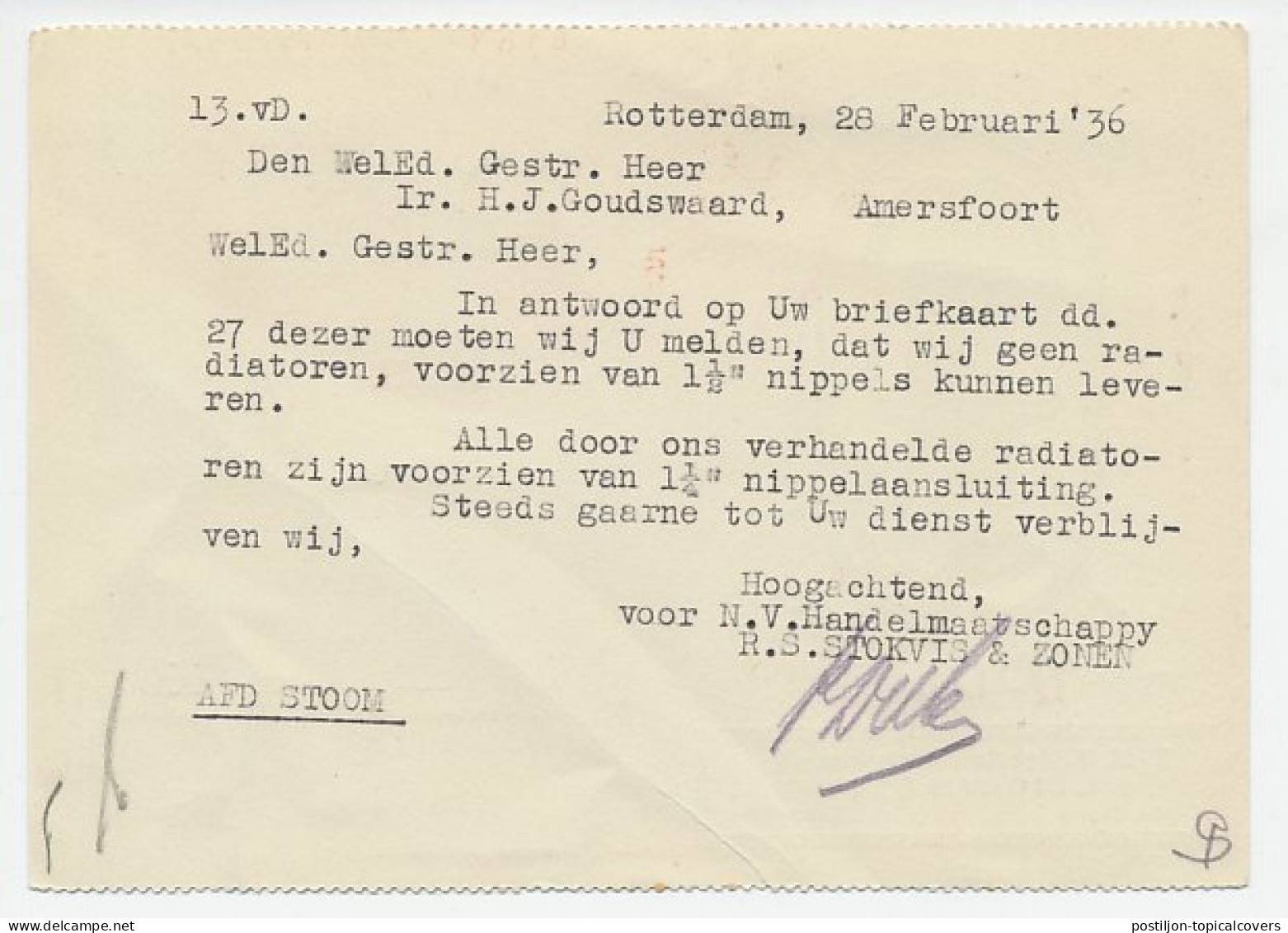 Firma Briefkaart Rotterdam 1936 - Radiator - Unclassified