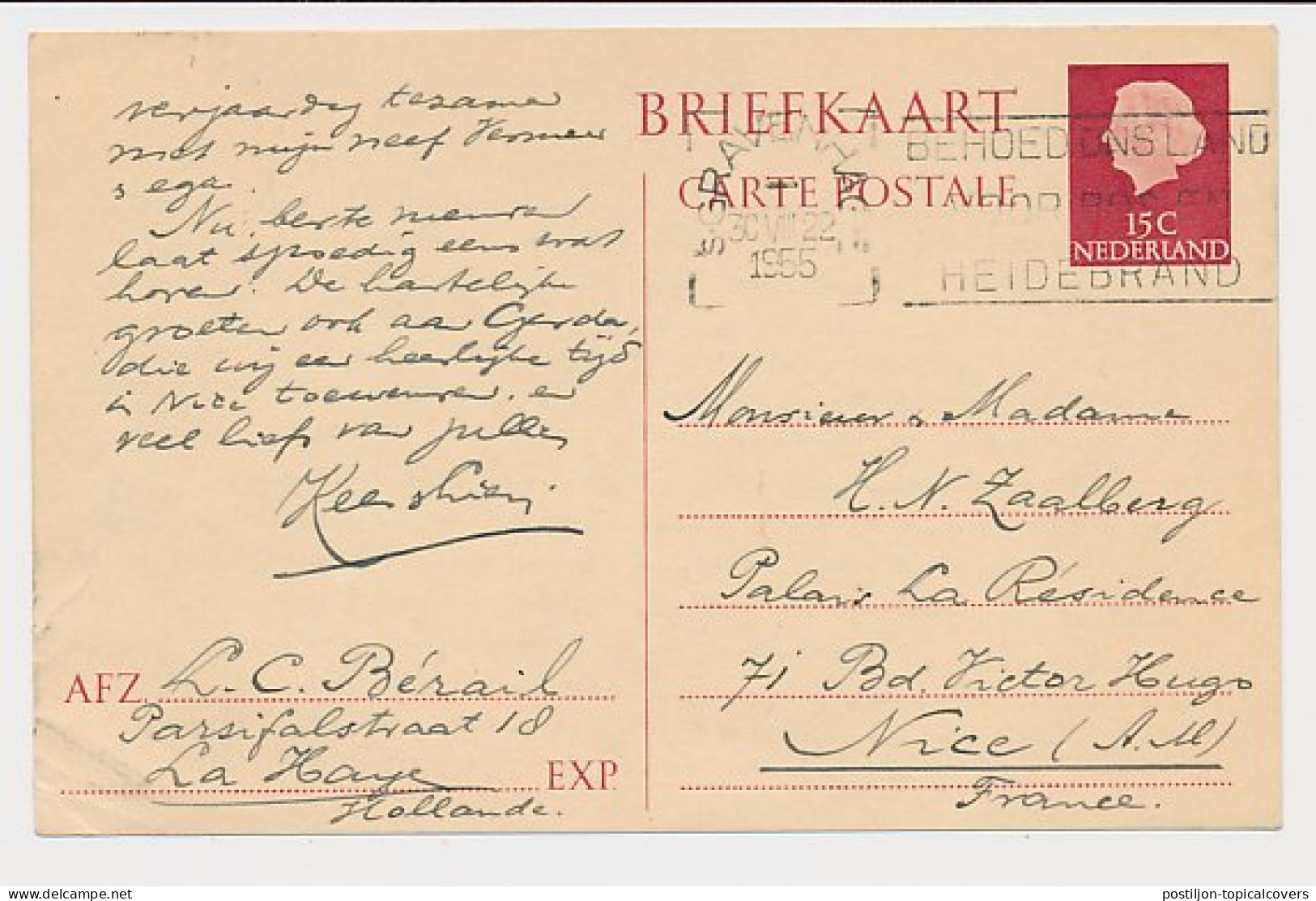 Briefkaart G. 317 Den Haag - Nice Frankrijk 1955 - Interi Postali