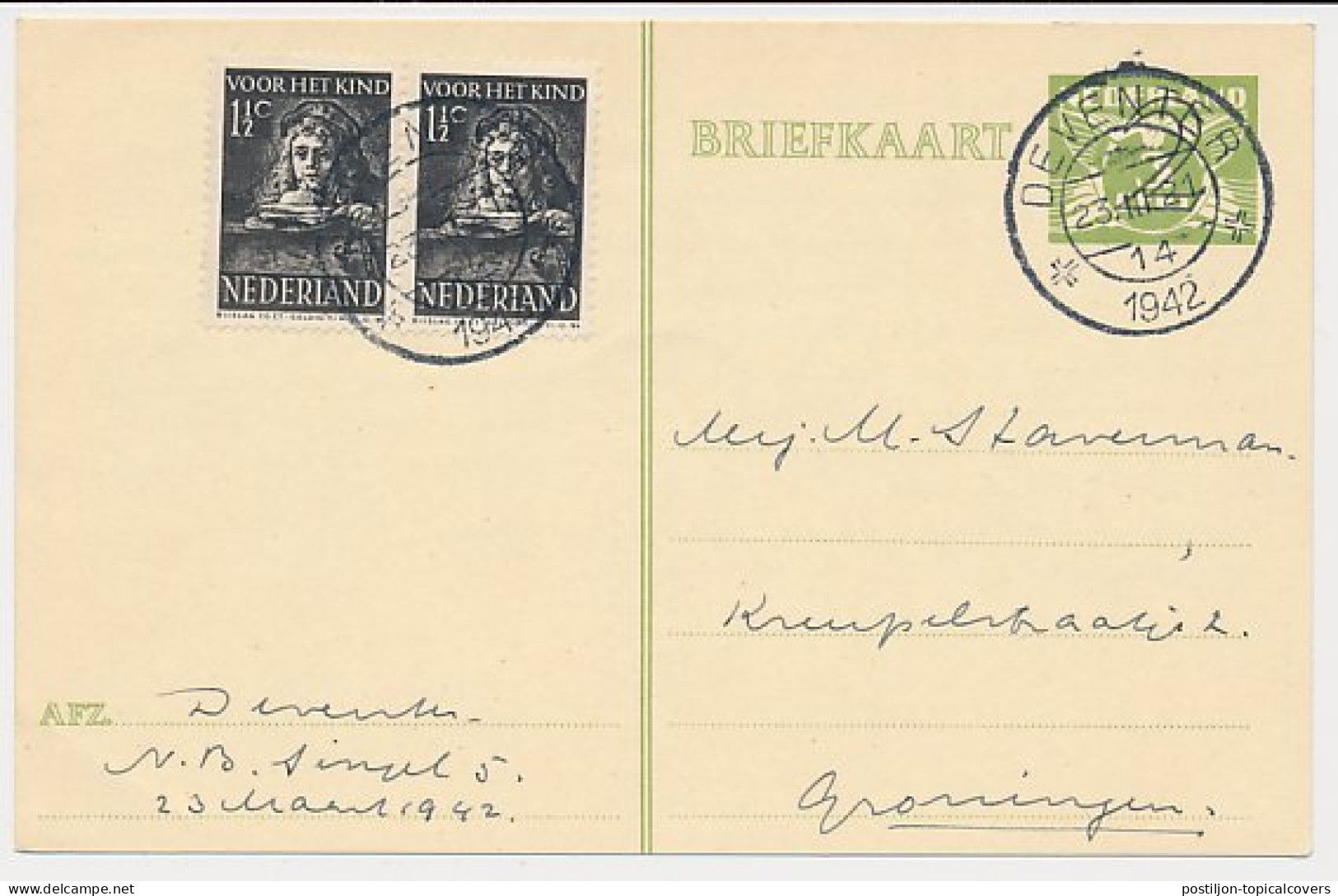 Briefkaart G. 246 / Bijfrankering Deventer - Groningen 1942 - Postal Stationery