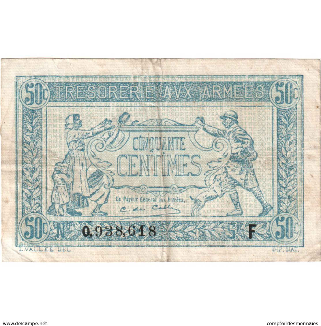 France, 50 Centimes, 1917, Q.938.618, TB, Fayette:VF01.06 - 1917-1919 Army Treasury