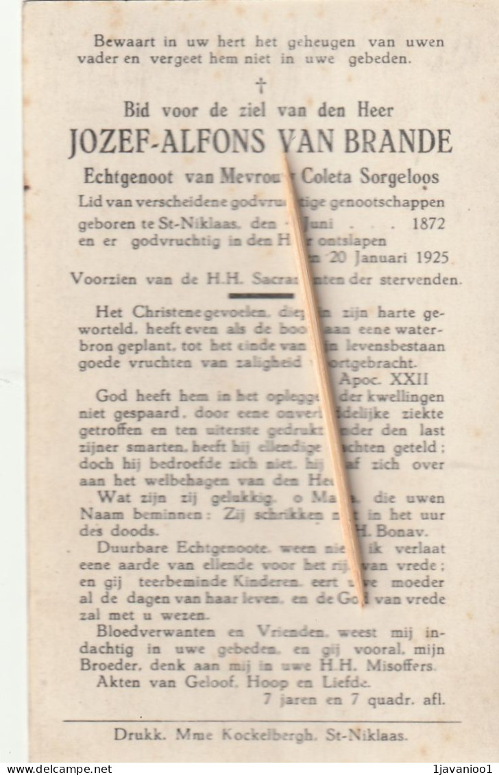 Sint-NIklaas, 1925, Jozef Van  Brande, Sorgeloos - Devotieprenten