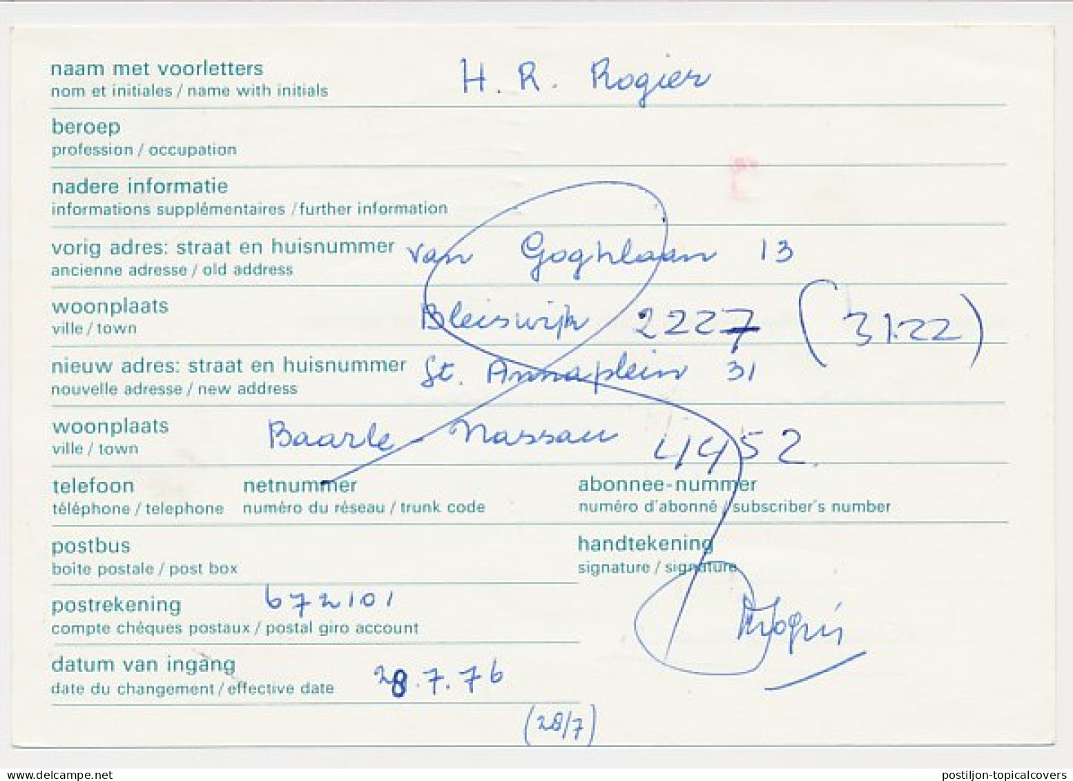 Verhuiskaart G. 40 B Den Haag - Dedemsvaart 1976 - Ganzsachen