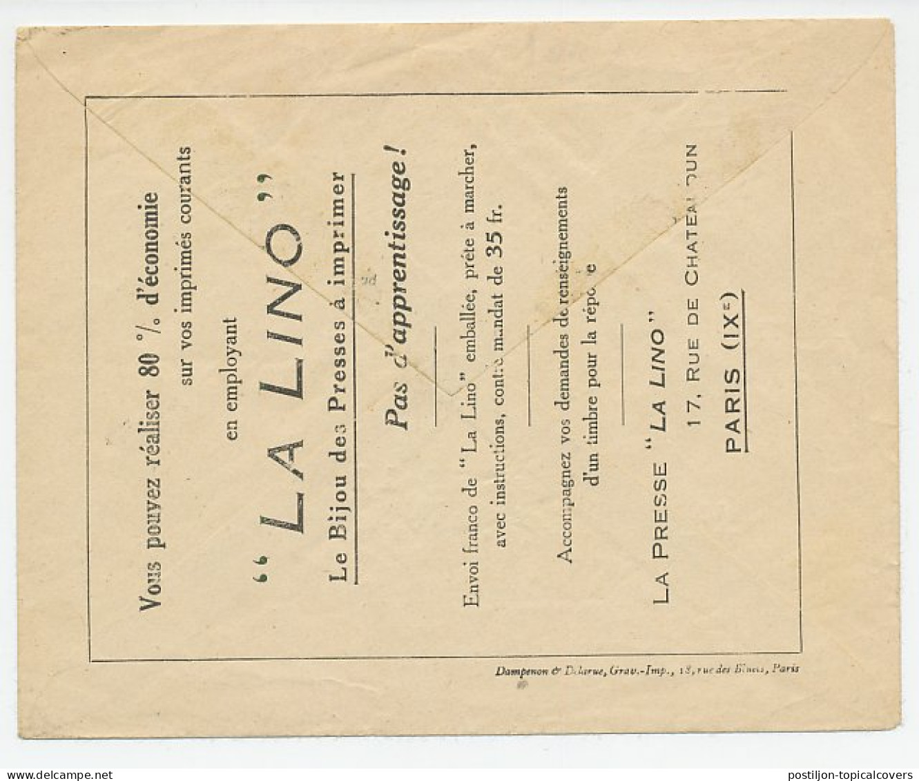 Postal Cheque Cover France 1923 Printing Press - La LIno - Unclassified