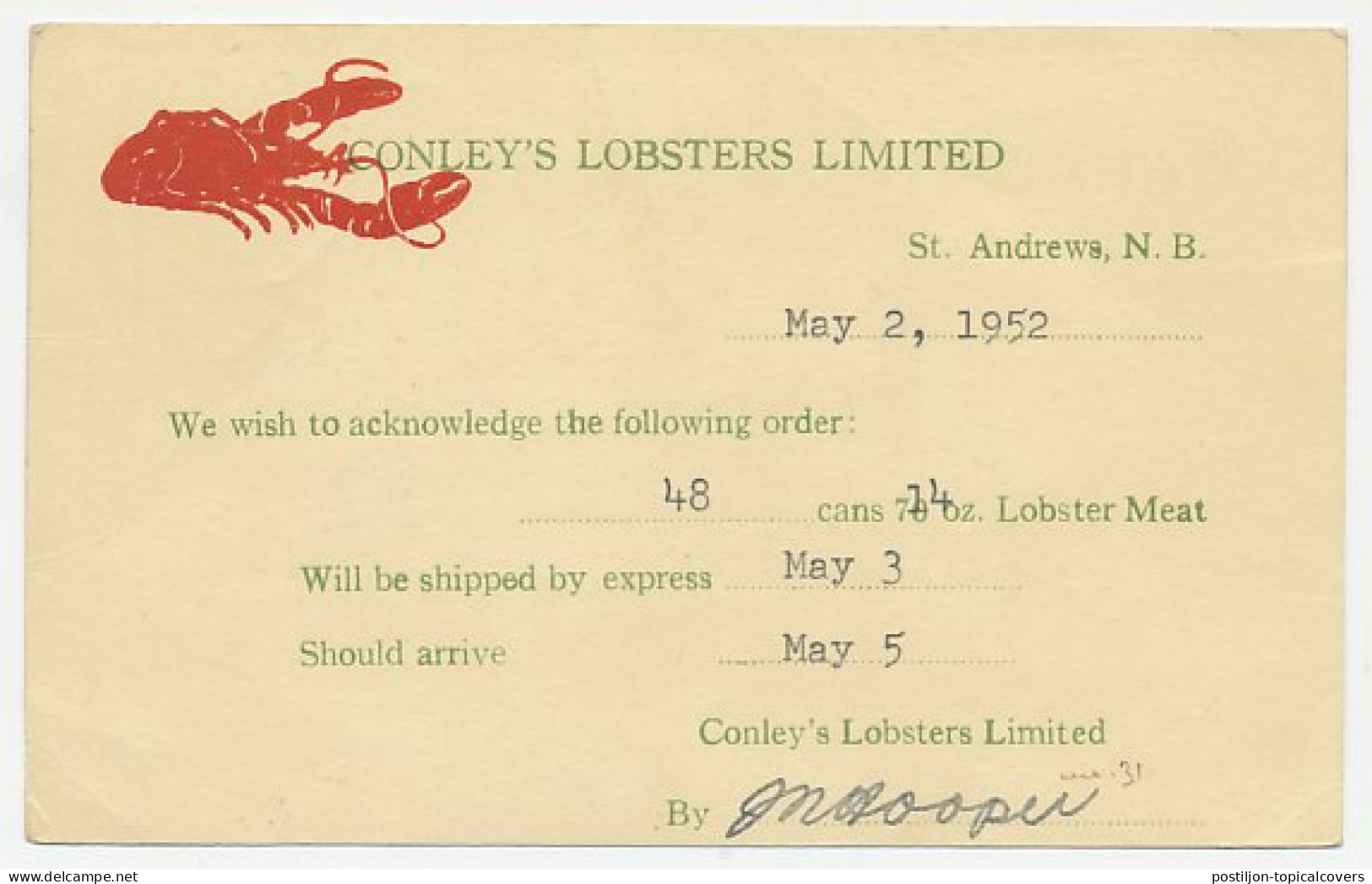 Uprated Postal Stationery Canada 1952 - Privately Printed Lobster - Marine Life