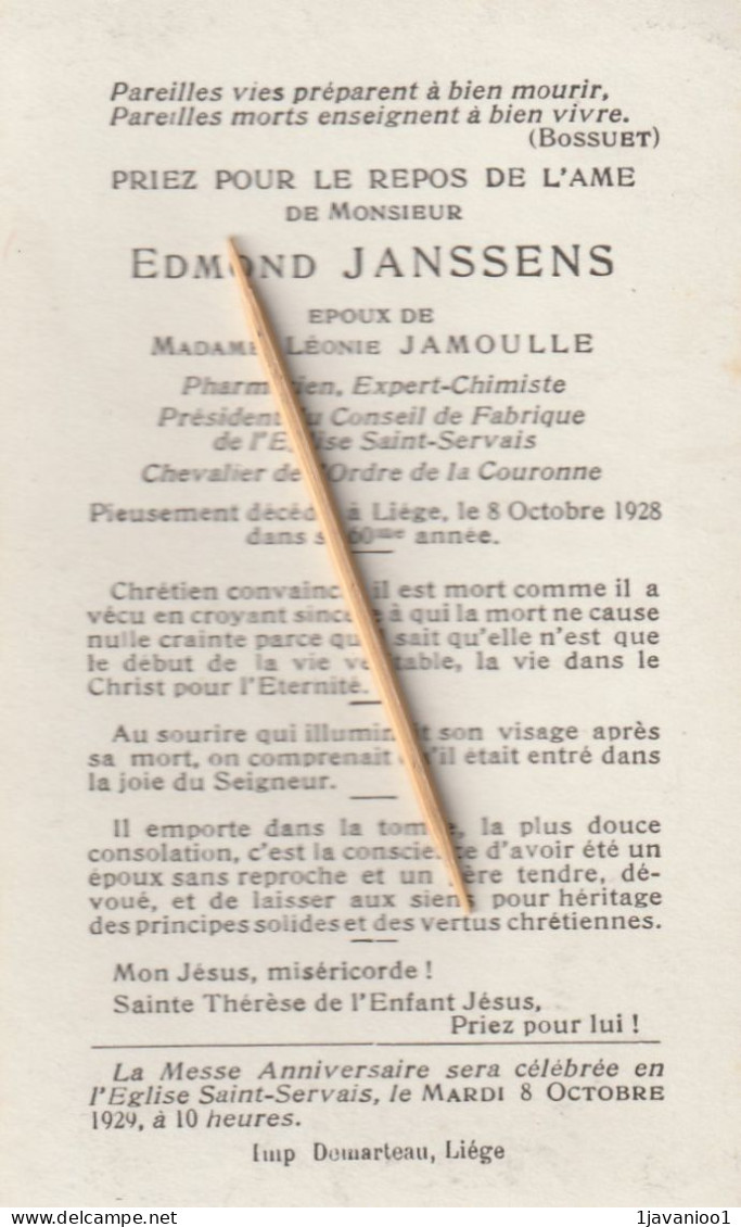 Liege, Edmond Janssens, Jamoulle, Pharmacien, 1928 - Devotieprenten