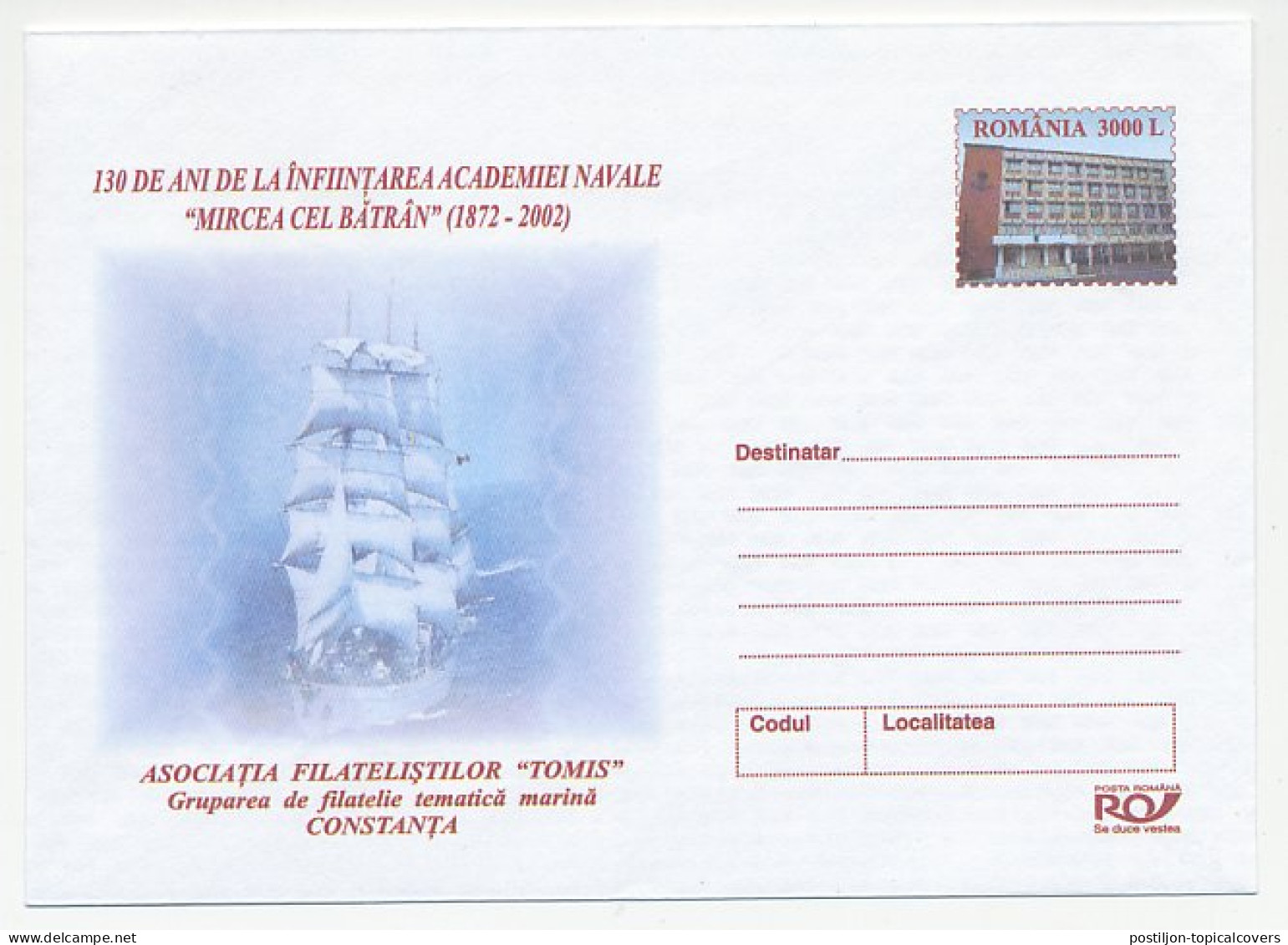 Postal Stationery Romania 2002 Sailing Ship - Naval Academy - Boten