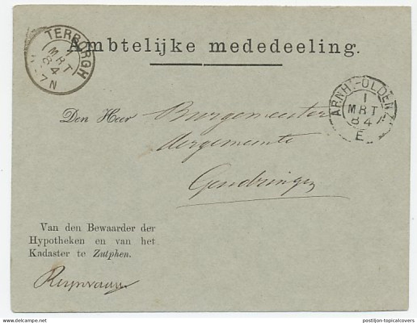 Trein Kleinrondstempel : Arnhem - Oldenzaal E 1884 - Briefe U. Dokumente