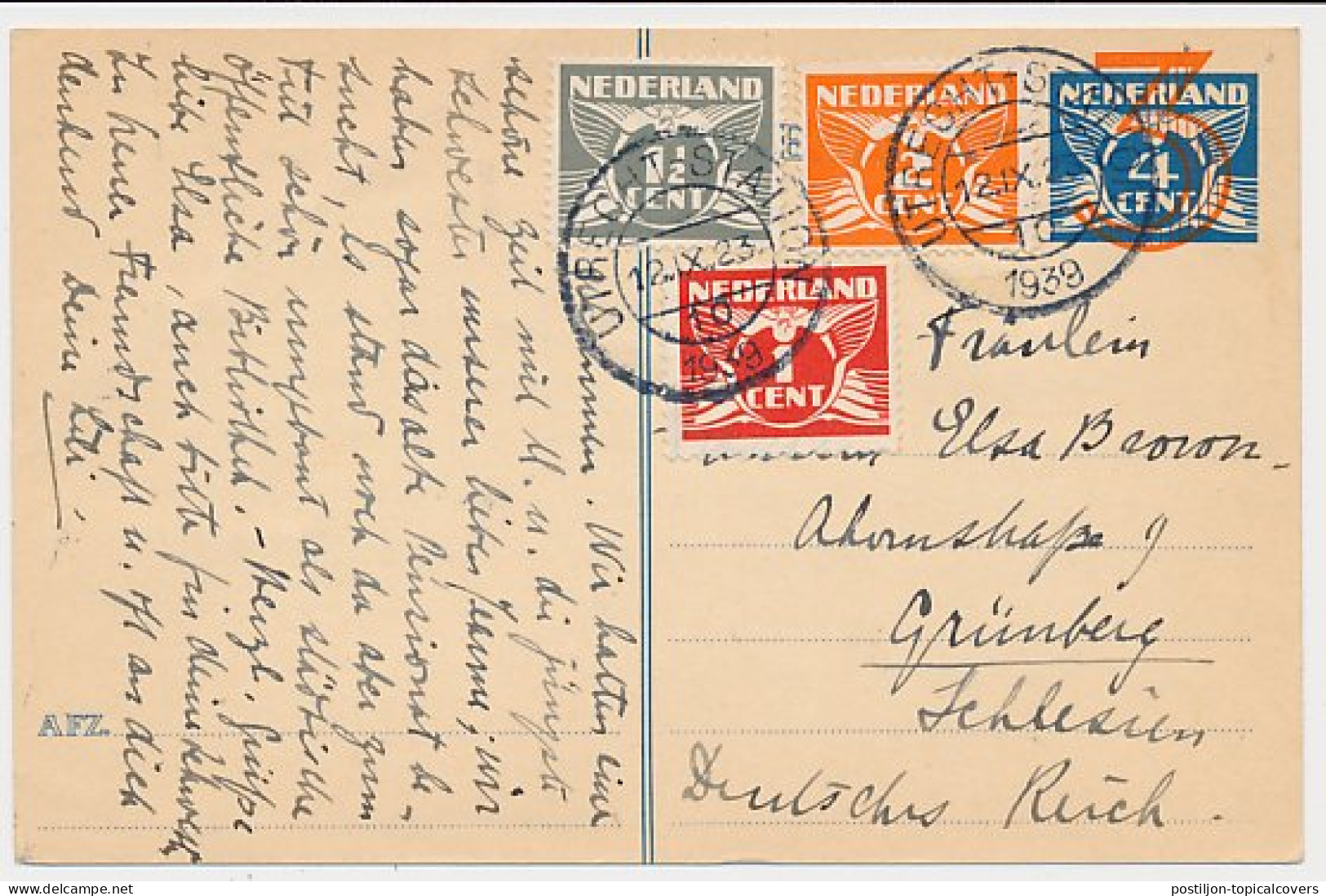 Briefkaart G. 258 / Bijfrankering Utrecht - Duitsland 1939 - Postwaardestukken