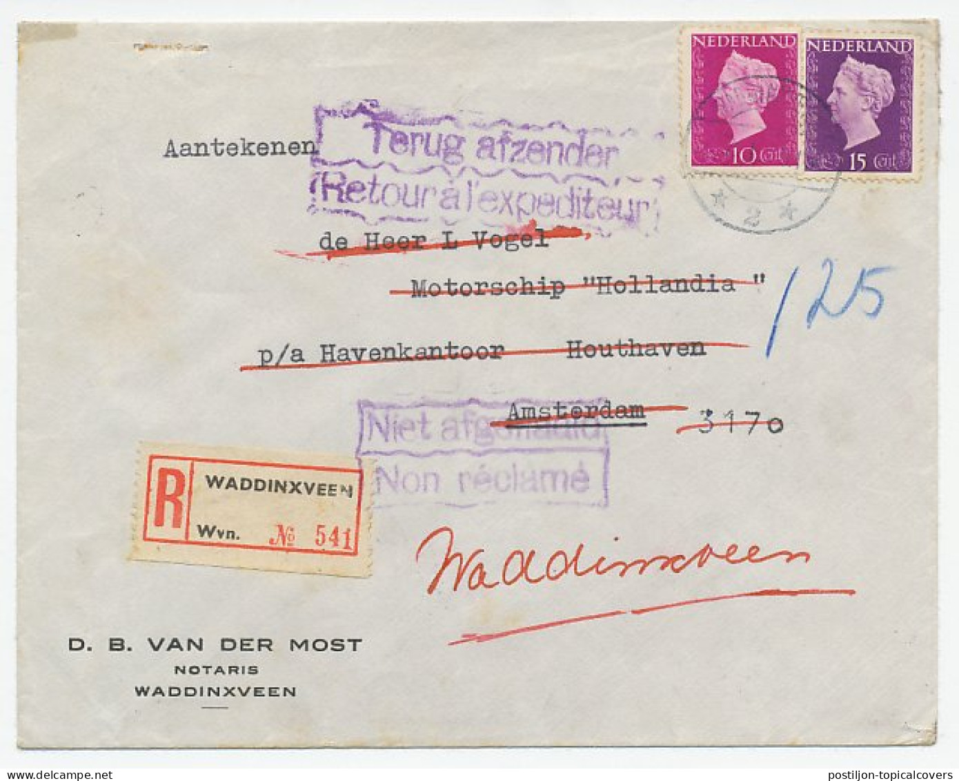 Waddinxveen - Amsterdam 1949 Aan Opvarende - Niet Afgehaald  - Unclassified